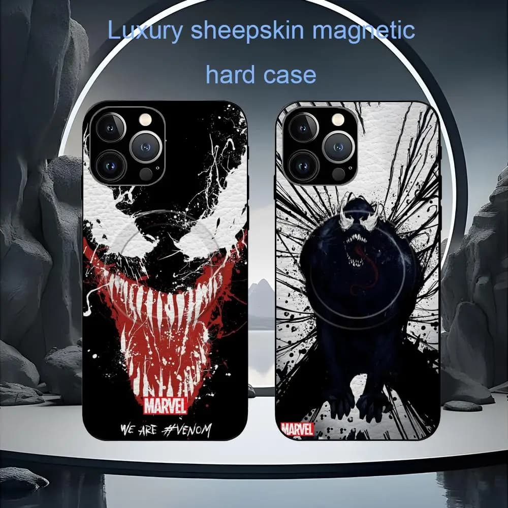 Custodia per telefono Marvel Venom di tendenza per iPhone 17 16 15 14 13 12 11 Plus Pro Max, lusso di alta gamma in pelle di pecora con MagSafe