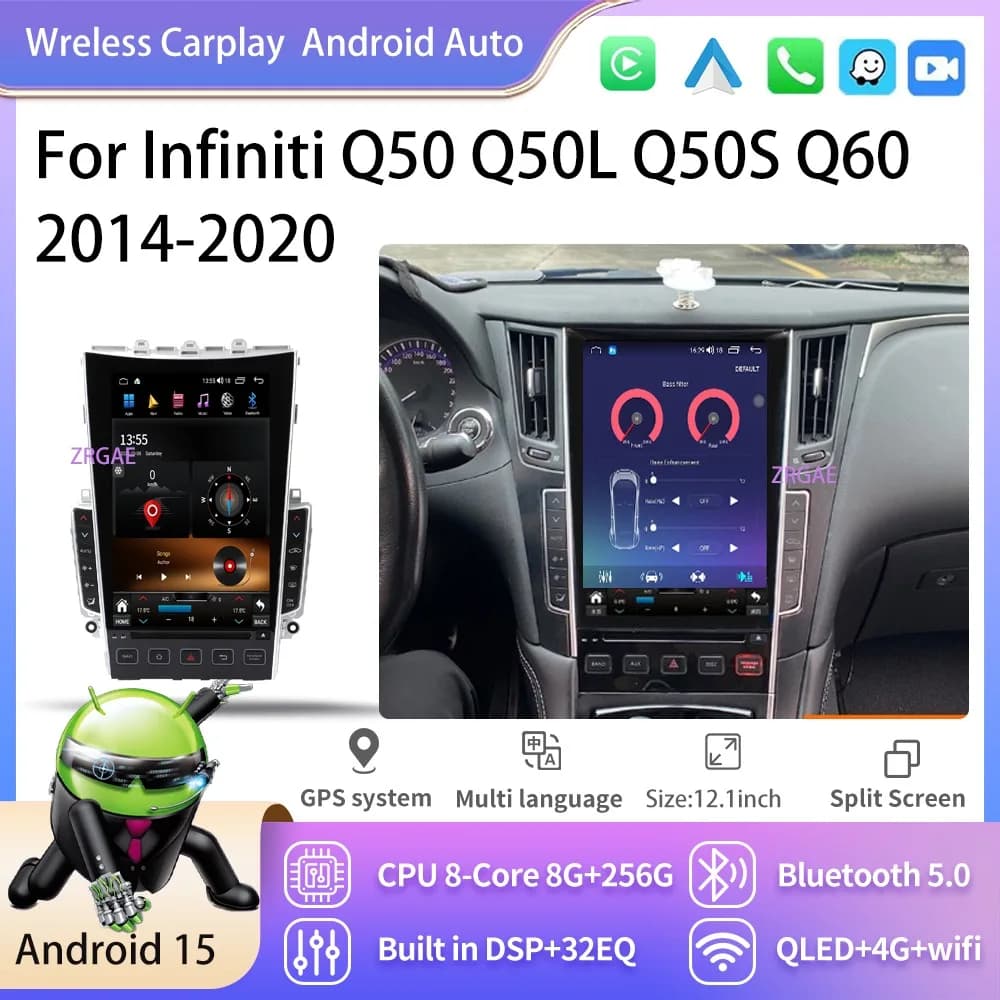 Android 15 Car Radio Stereo For Infiniti Q50 Q50L Q50S Q60 2014-2020 Tesla Automotive Multimedia Carplay ouch Screen GPS Player
