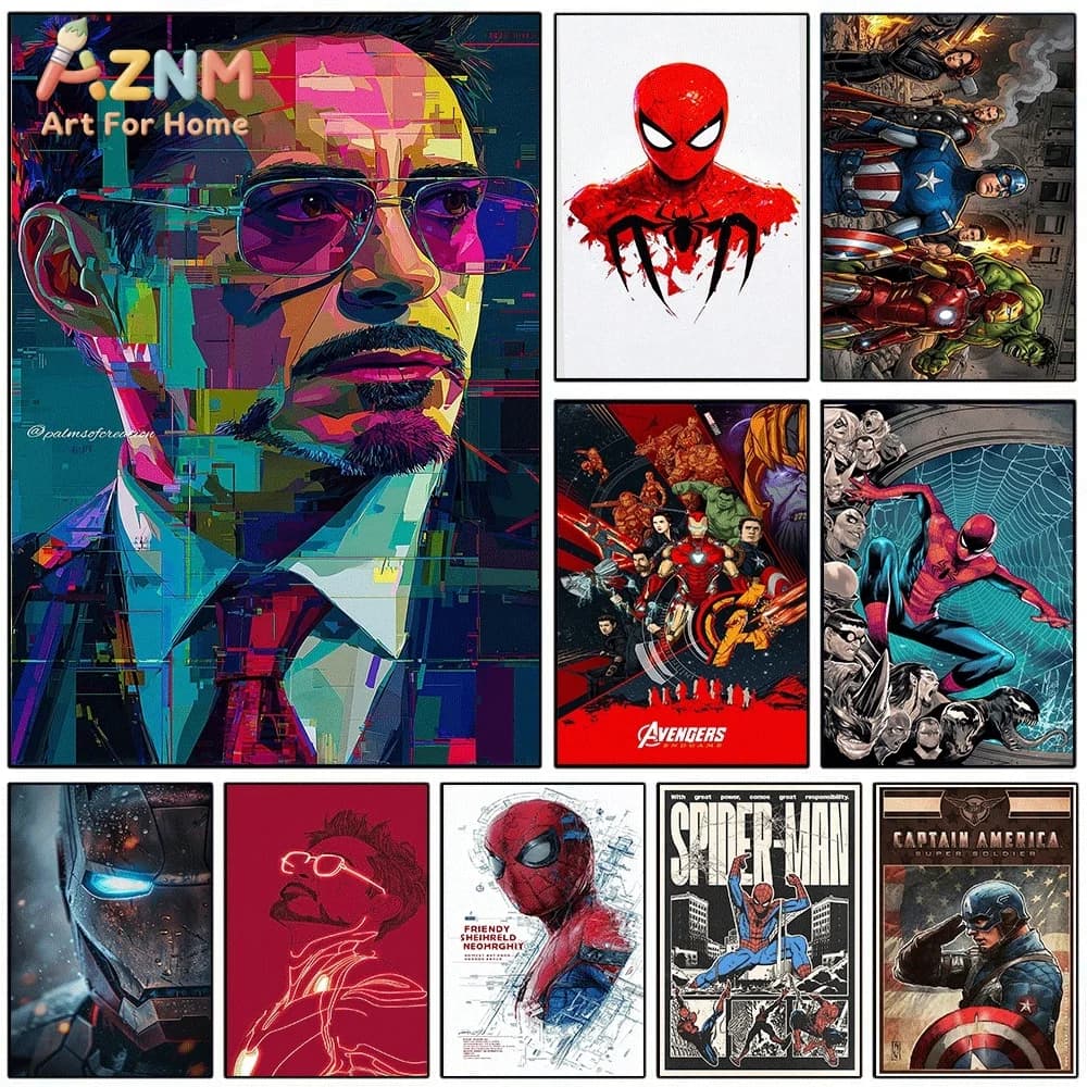 Tony Stark Iron Man Marvel Superhero Canvas Wall Art Spider‑Man Avengers Captain America Pop Art Unframed Canvas Print for Boys
