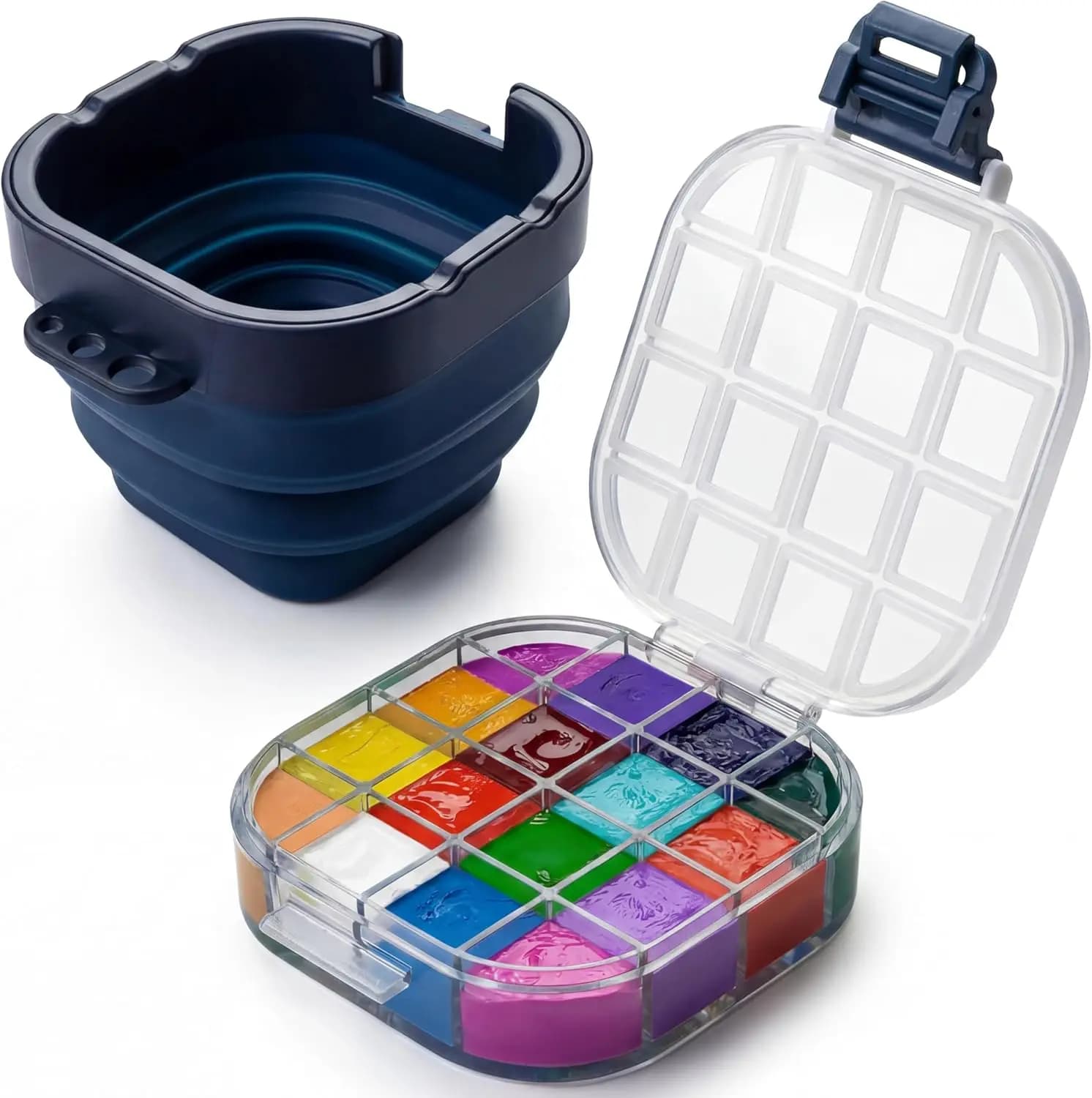 16-Well Airtight Paint Palette Box with Collapsible Water Cup - Travel Paint Saver for Gouache, Watercolor & Acrylic - Empty Storage Case (Blue)