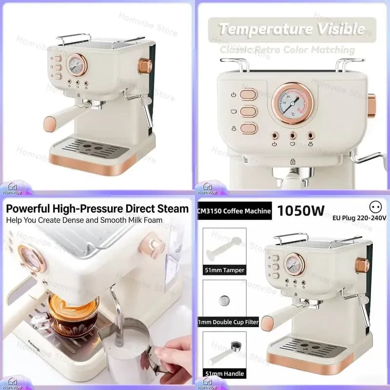 Macchina per Espresso Semi-Automatica 20 Bar con Montalatte, Estrazione ad Alta Pressione, Portatile per Casa, Ufficio, Hotel