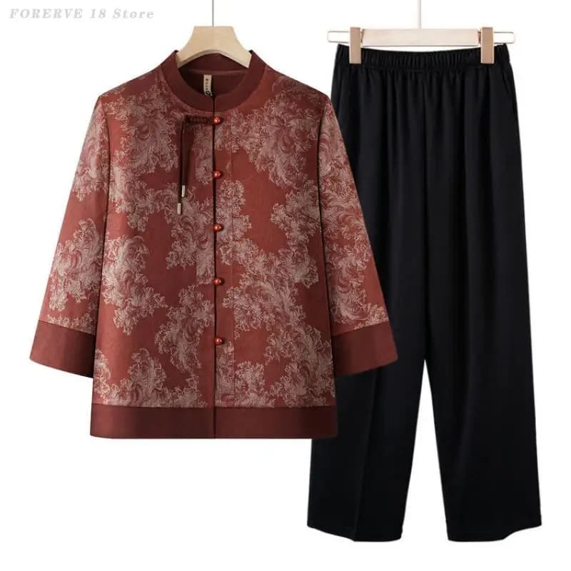 Primavera Autunno Nuovo vestito di linguetta Nonna Nuovo stile cinese Camicia e pantaloni Vestito a maniche lunghe Camicette stampate Donna Plus Size 5XL Set