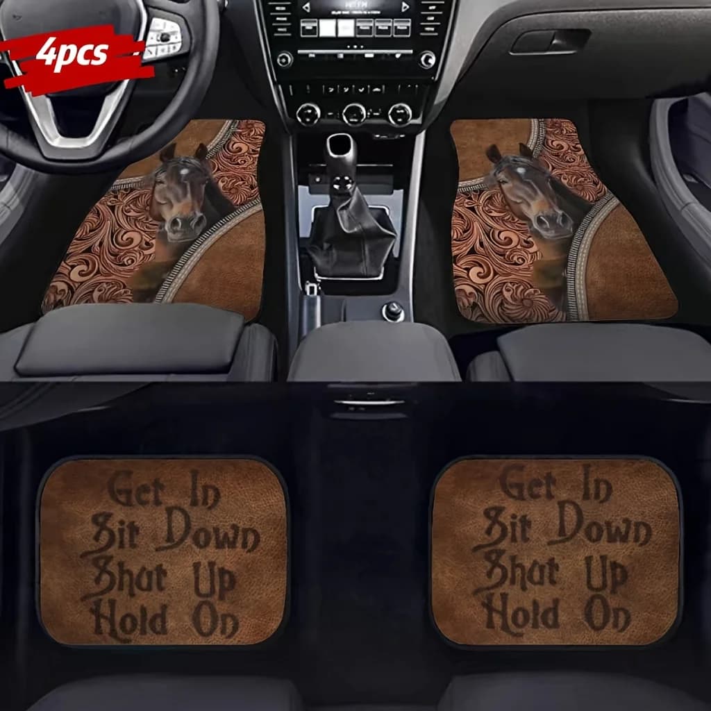 [Tappetini per auto con stampa cavallo] Set di tappetini per auto con stampa modello cavallo universale da 4 pezzi | Accessori interni auto anteriori e posteriori a copertura totale