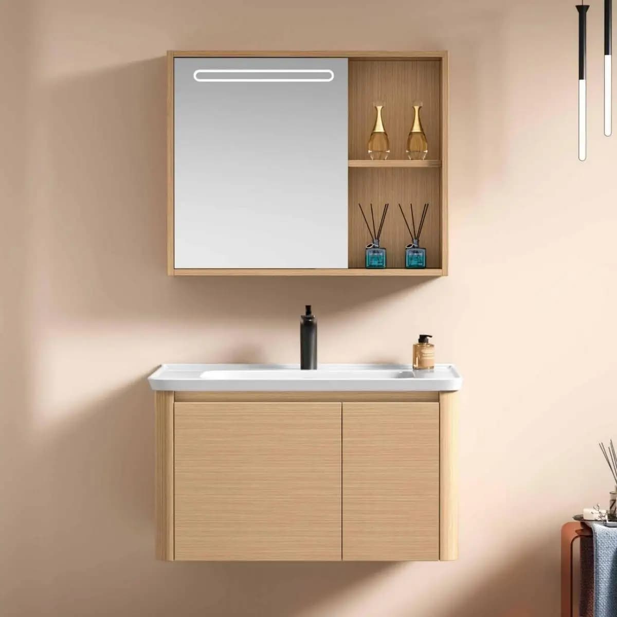 ￥ # Specchio LED Intelligente Moderno con Funzione Antiappannamento, Mobile da Bagno Resistente all'Acqua, Lavabo in Ceramica, Struttura in PVC per Camera da Letto, Officina, Hotel
