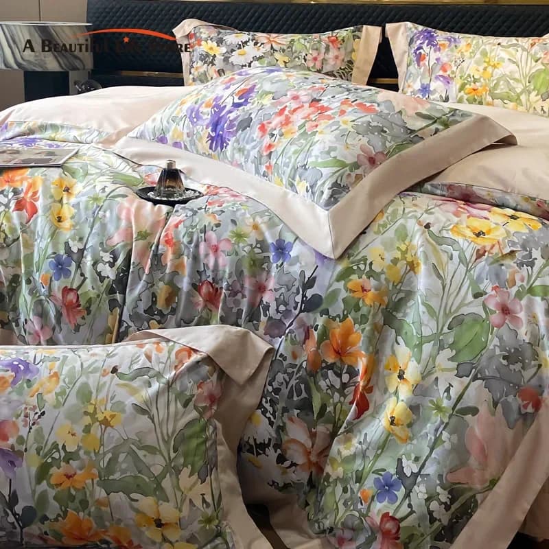 600TC Egyptian Cotton Bed Linen With Floral Print Queen King Bed Cover Set Soft Moisturine Lose Flat Bed/with Corners
