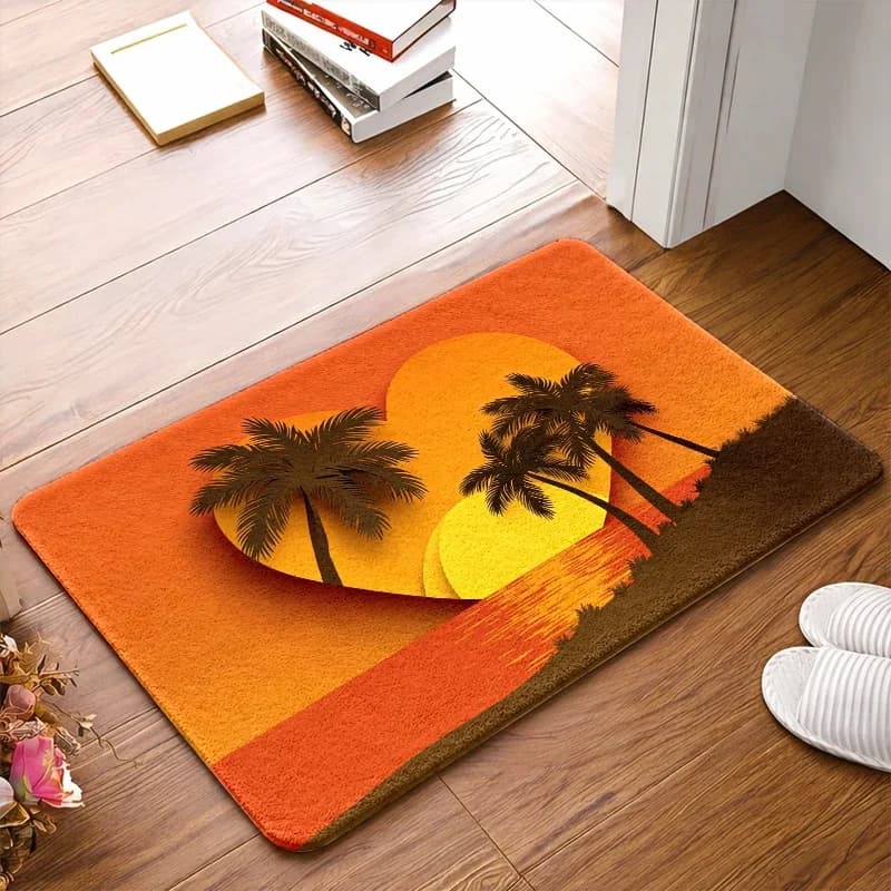 1Pc, Non-Slip Flannel Doormat, Tropical Love Sunset Coconut Tree Pattern, Durable & Stain-Resistant & Machine-Washable, Universal Door Mat Rug, Suitable for Living Room, Bedroom, Office, Bathroom, Balcony, Corridor, Porch, Kitchen