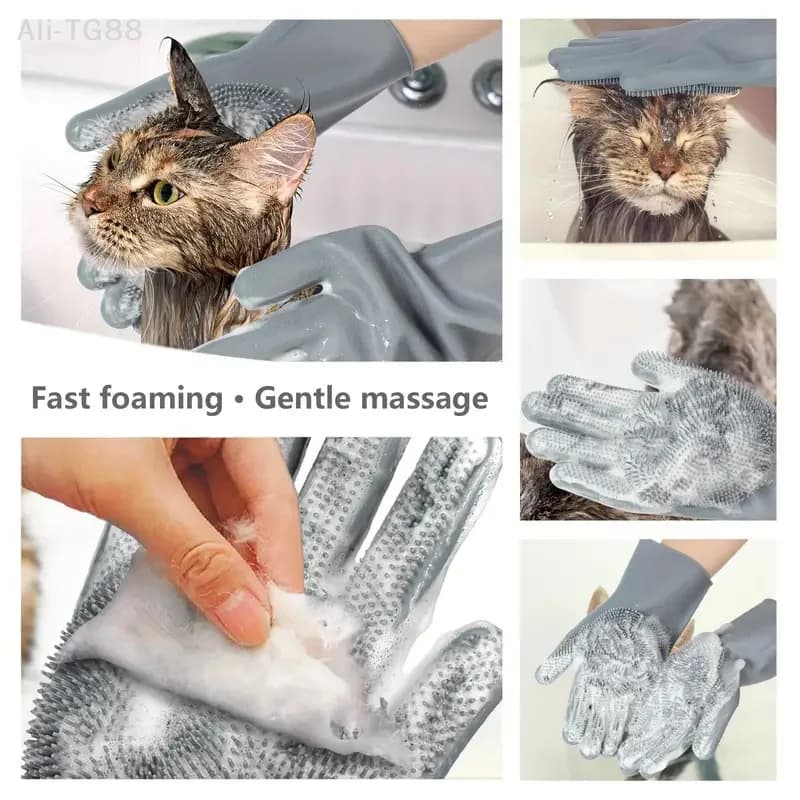 Guanti per toelettatura animali domestici in silicone per cani e gatti, per bagno, shampoo, lavaggio piatti, pulizia e rimozione peli, funzionali
