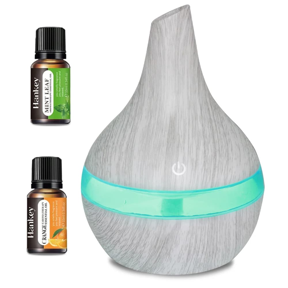 Umidificatore USB con diffusore per aromaterapia con venature del legno da 300 ml con 2 oli essenziali, funzionamento silenzioso