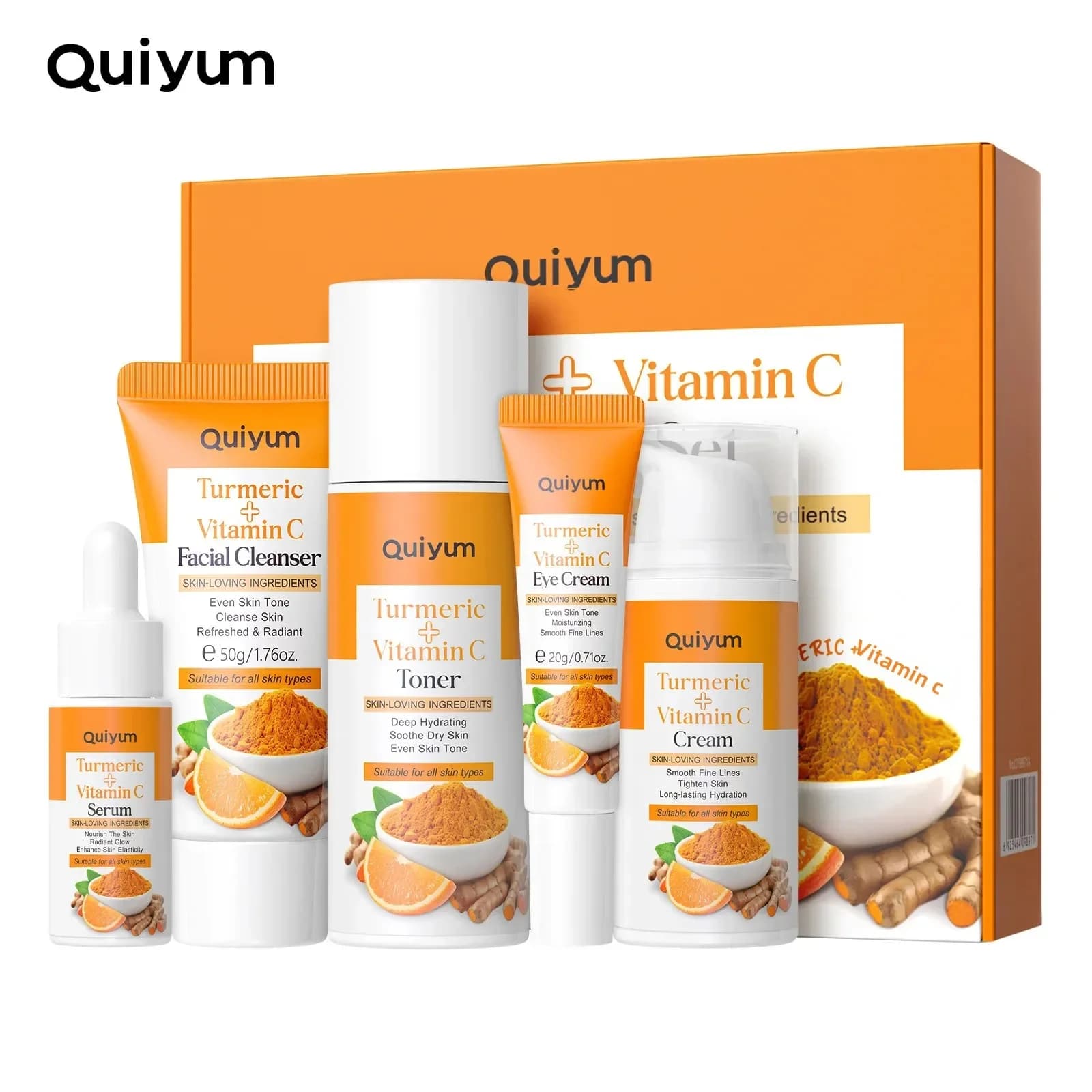 Kit viso alla curcuma alla vitamina C idratante rassodante 5 pezzi set lavaggio viso toner essenza trattamento occhi idratante cura della pelle
