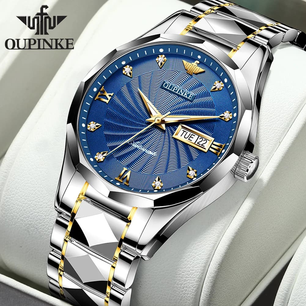 OUPINKE 3169 Orologio Meccanico Automatico di Lusso Originale in Acciaio al Tungsteno con Giorno e Data, Luminoso e Impermeabile per Uomo