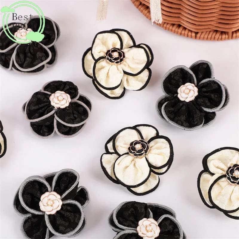 (BBQ4)Camellia Brooch Black White Fabric Badge Mourning Funeral Corsage Pin High-end French Elegant Bag Clothes Scarf Accessory