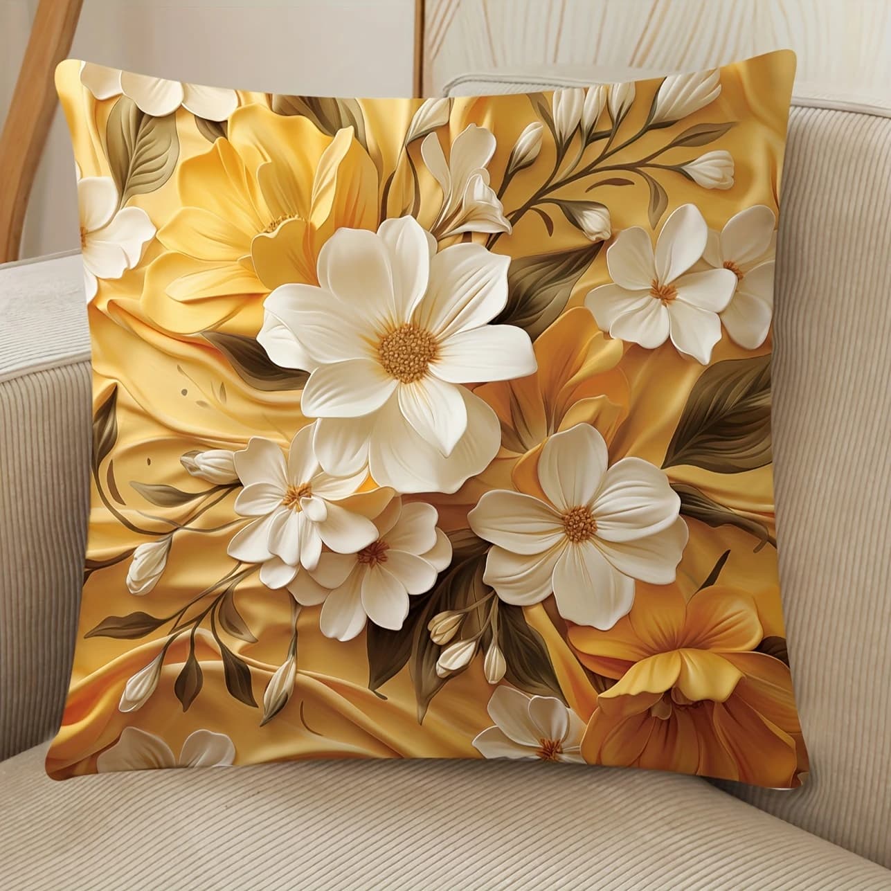2D Luxury Golden White Flower Pillow Cover Elegant Floral Print Cushion Case for Sofa Couch Modern Boho Home Decor Gift