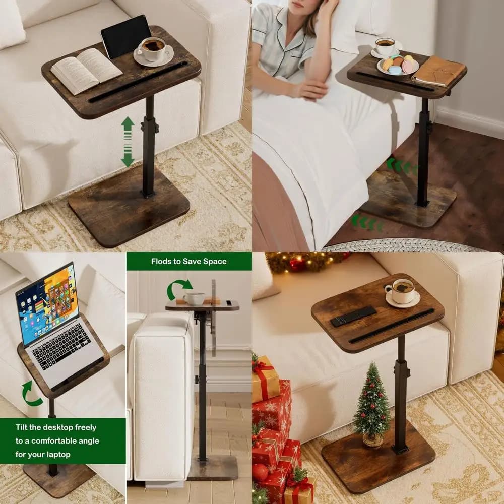 Set di 2 tavolini laterali regolabili in altezza e girevoli - Scrivania per laptop, vassoio da lavoro, supporto per snack con portabicchieri e slot per tablet