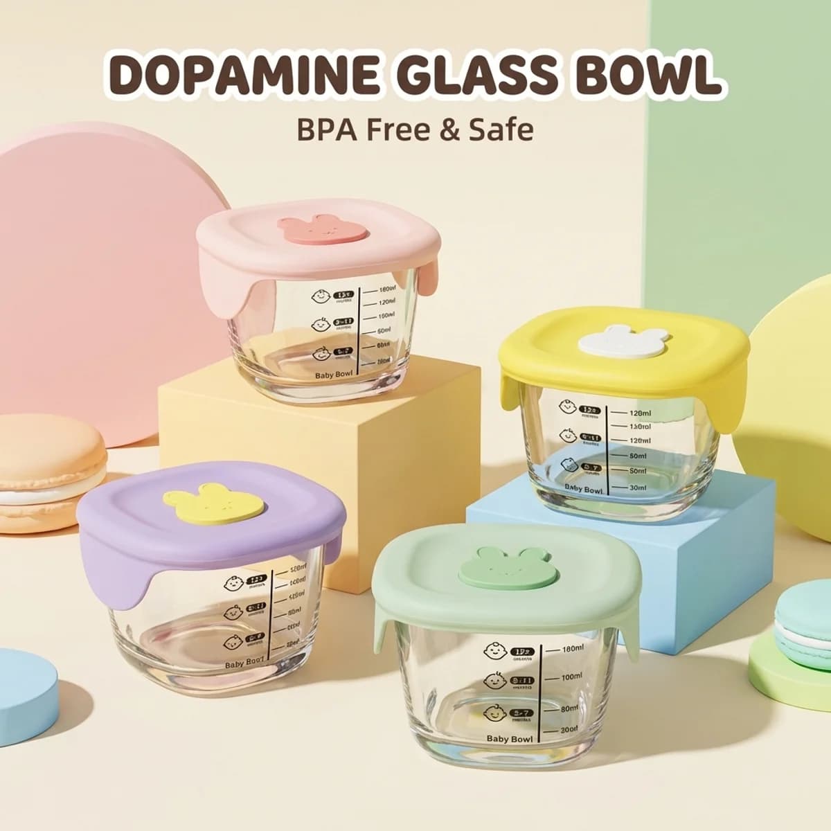 Contenitori per Alimenti a Forma di Coniglio, Ciotola in Vetro Borosilicato da 180ml con Coperchio Ermetico, Adatta per Microonde e Vapore