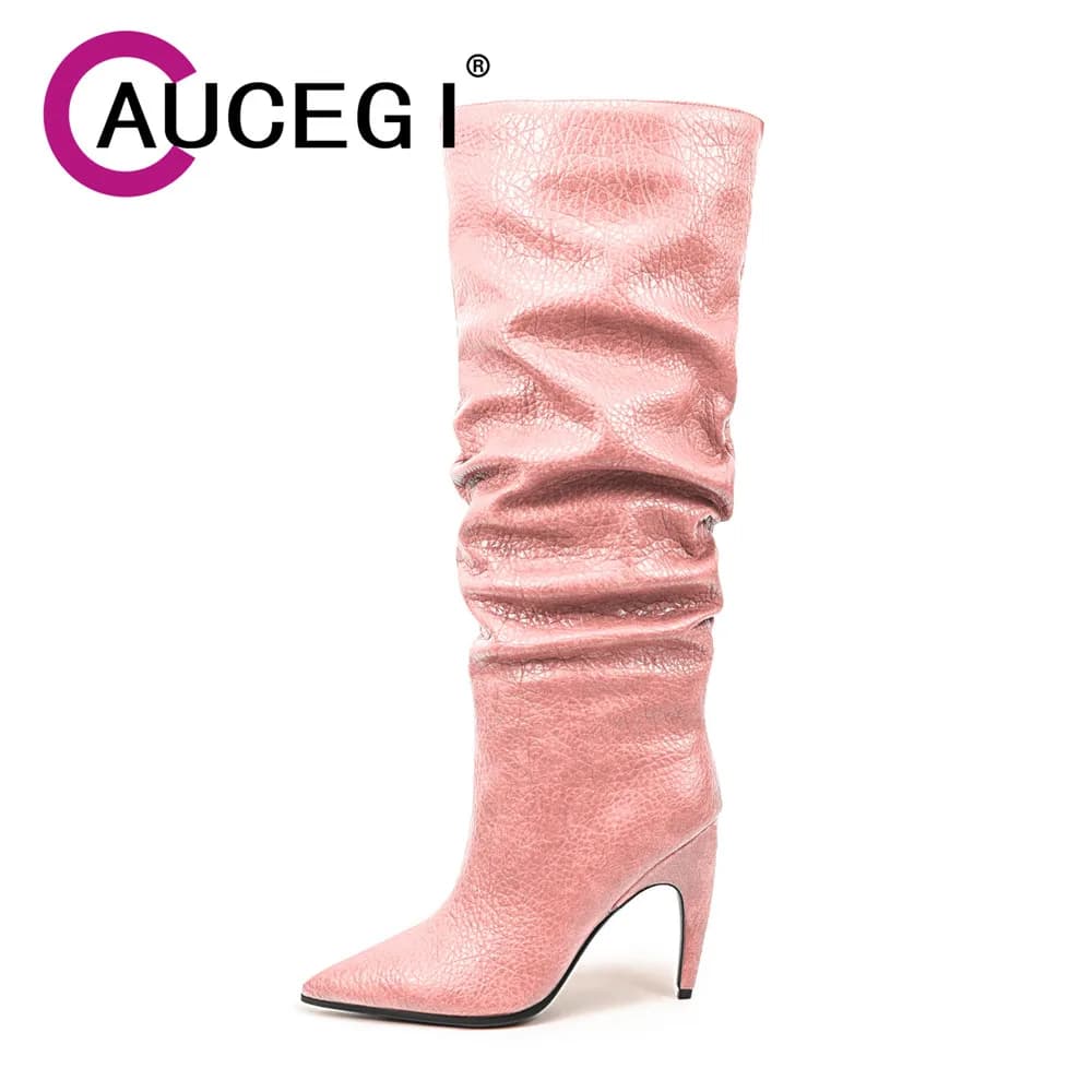 Aucegi Winter New Arrival Pleated Knee High Boots PU Leather Pointed Toe Thin Heel Fashion Sewing Party Dress Shoes Big Size 43
