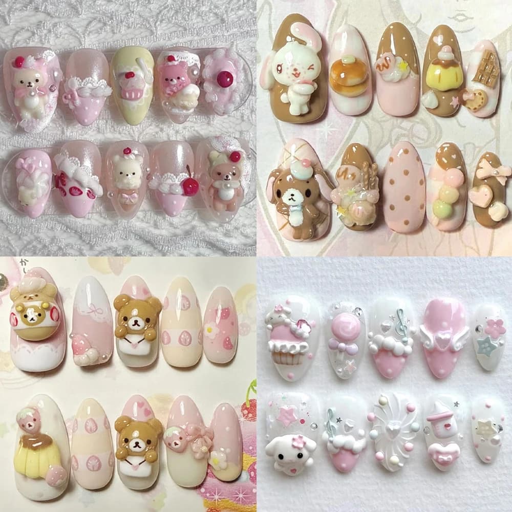 Unghie Finte Adesive 3D Fatte a Mano, Design Coniglio, Gatto, Rilakkuma, Rosa, Cioccolato, Dessert, Crema, Cartone Animato, a Mandorla