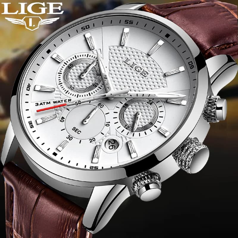 LIGE New Men's Brown Leather Watch Luxury Men's Quartz Wrist Watch of Best Fashion Brands Casual Waterproof Light Chronograph
