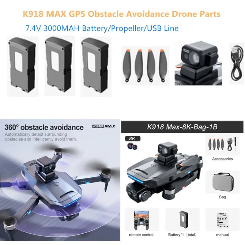 Batteria 7.4V 3000mA e Eliche per Drone K918 MAX con Evitamento Ostacoli, Accessori e Ricambi per Drone K918 MAX, Batteria e Pale per Drone RC GPS K918 MAX