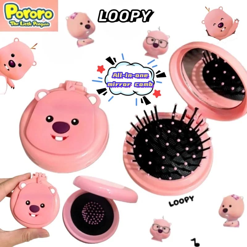 New Loopy two-dimensional folding mirror comb integrated with girls' backpack portable airbag comb for easy makeup touch-up