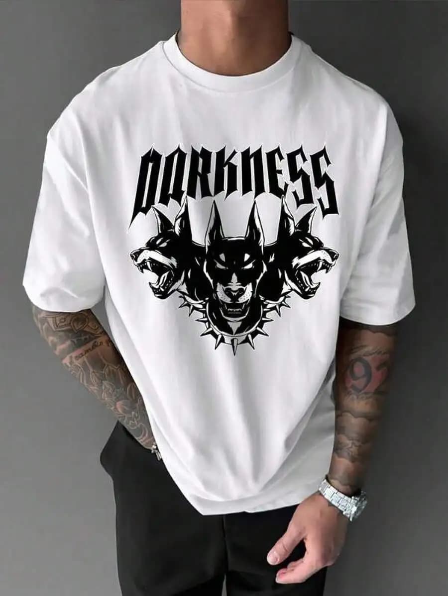 T-shirt in cotone con stampa grafica, taglia Plus, design Cane a Tre Teste, da uomo, stile Y2K