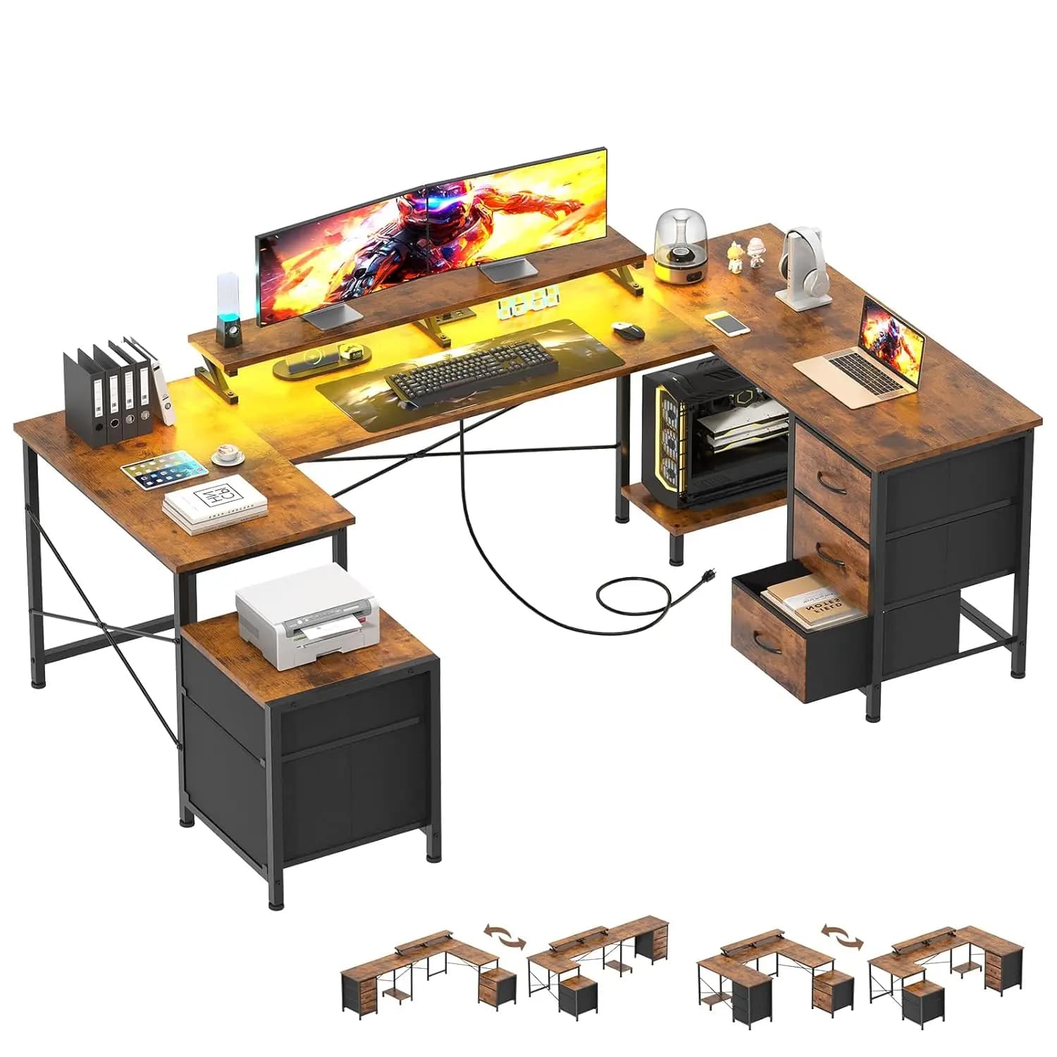 Scrivania da Gaming a Forma di U, Scrivania per Computer Reversibile a Forma di L con Prese di Corrente e Porte USB, Scrivania da Gaming ad Angolo, Personalizzabile