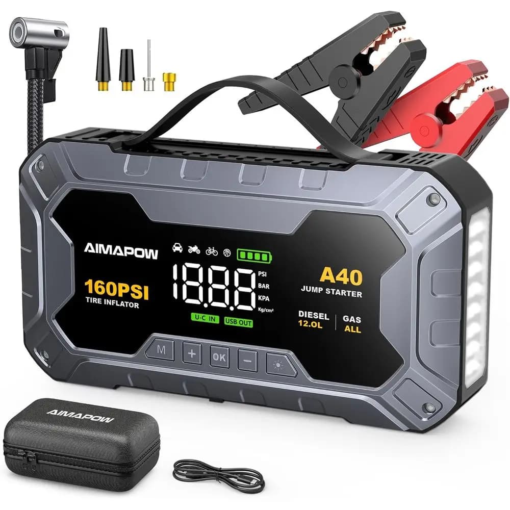Avviatore di Emergenza Portatile 8000A 160PSI con Compressore d'Aria, Power Bank 12V per Tutte le Auto a Benzina, Torcia LED Inclusa
