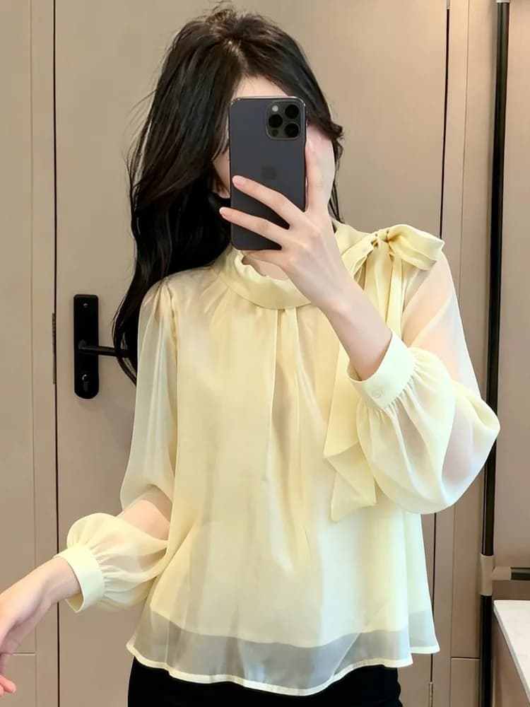 Camicia da donna a maniche lunghe con pois per primavera/autunno, con cintura annodata, top trasparente alla moda, stile coreano.