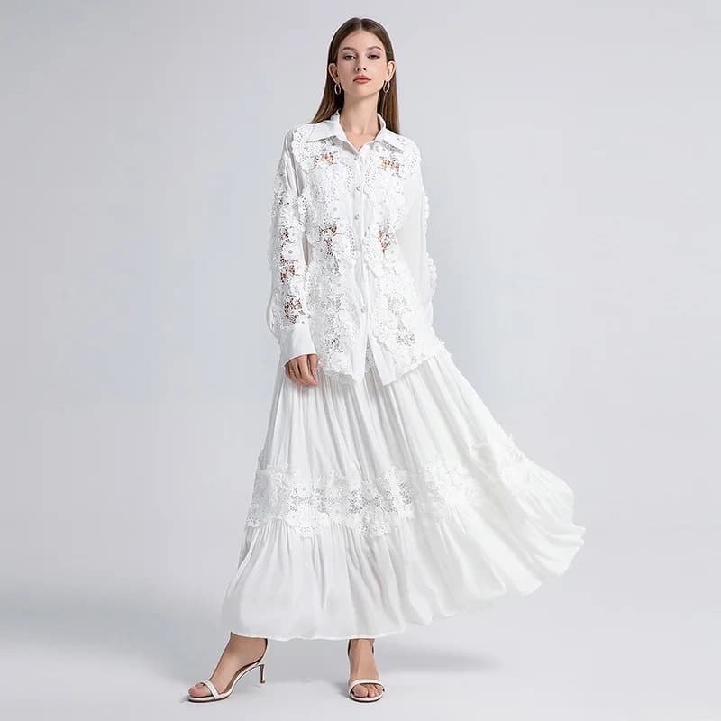 White Lace Maxi Skirt Long Sleeve Blouses Shirts Women Suit Vintage Floral Hollow Out Appliques 2 Pieces Set Casual Vestdios