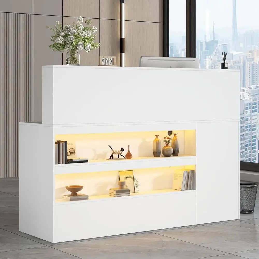 L-Shaped Desk with LED Lights, Power Outlets, Cable Management, Lockable Drawers, Suitable for Home Office or Retail Use, White