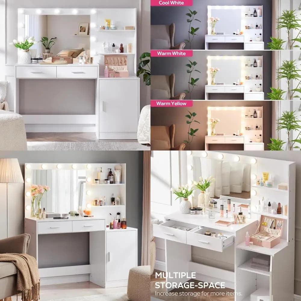 Vanity desk illuminato a led con specchio da 46,7", 2 cassetti, organizer verticale e contenitore regolabile