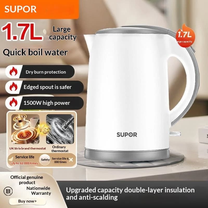 SUPOR 1.7L Electric Kettle Fast Boiling Auto Shut Off Large Capacity Stainless Steel Hot Water Boiler for Home