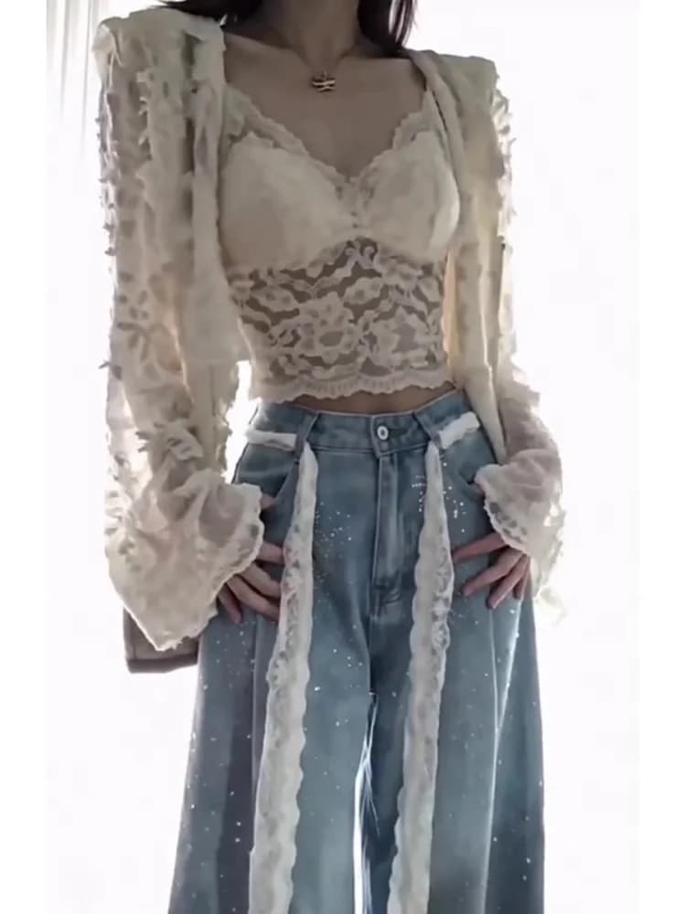Pure Desire Sexy Slim Fit Commute Base Tank Top Lace Hoodie Open Cardigan Two Piece Set Spring High End Feeling Top