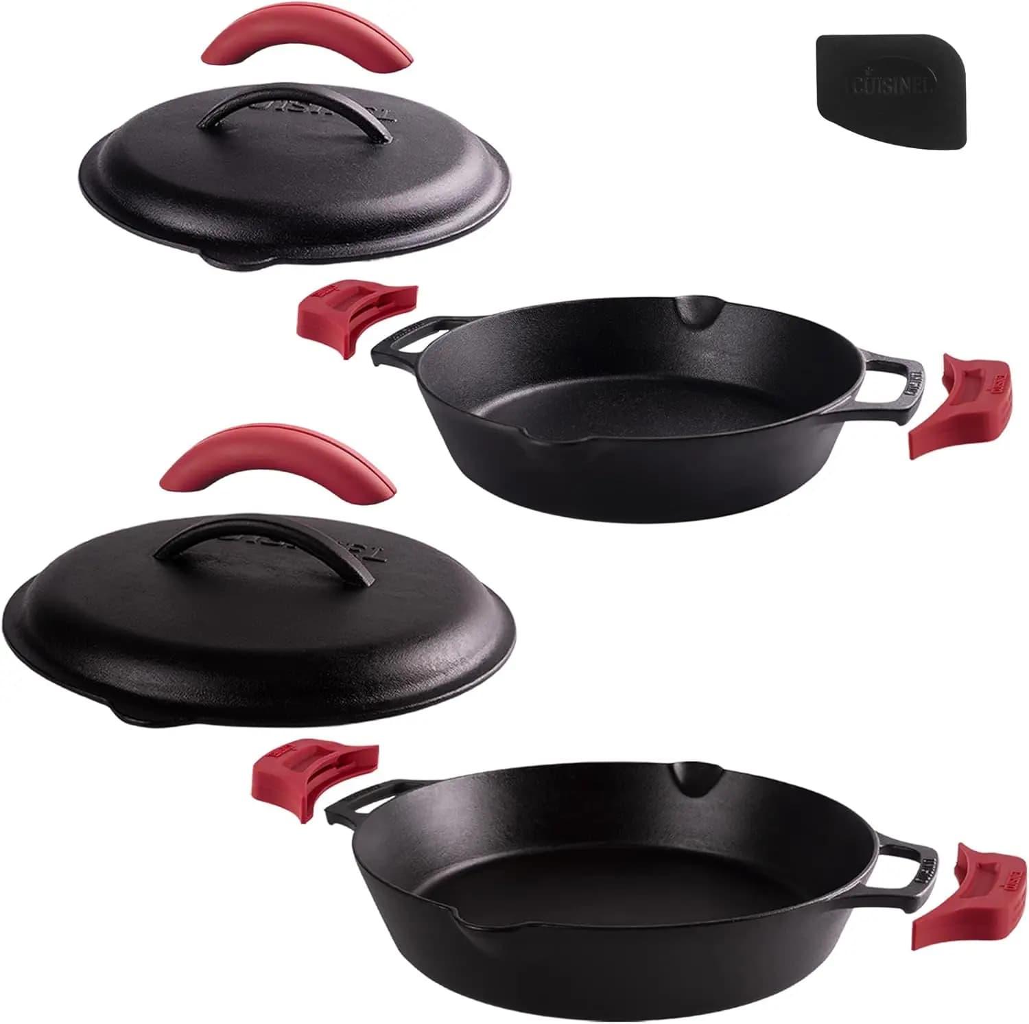 Preseasoned Cast Iron Skillet & Lid Combination, 10-Inch and 12-Inch, Dual-Handle Frying Pans - Bonus: Pan Scraper and Silicone