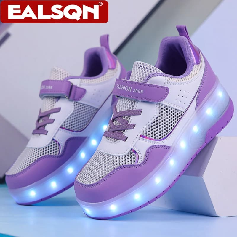 Breathable summer gymnastics shoes for children with two bright wheels, USB rechargeable light sports shoes for girls, for outdoor walks