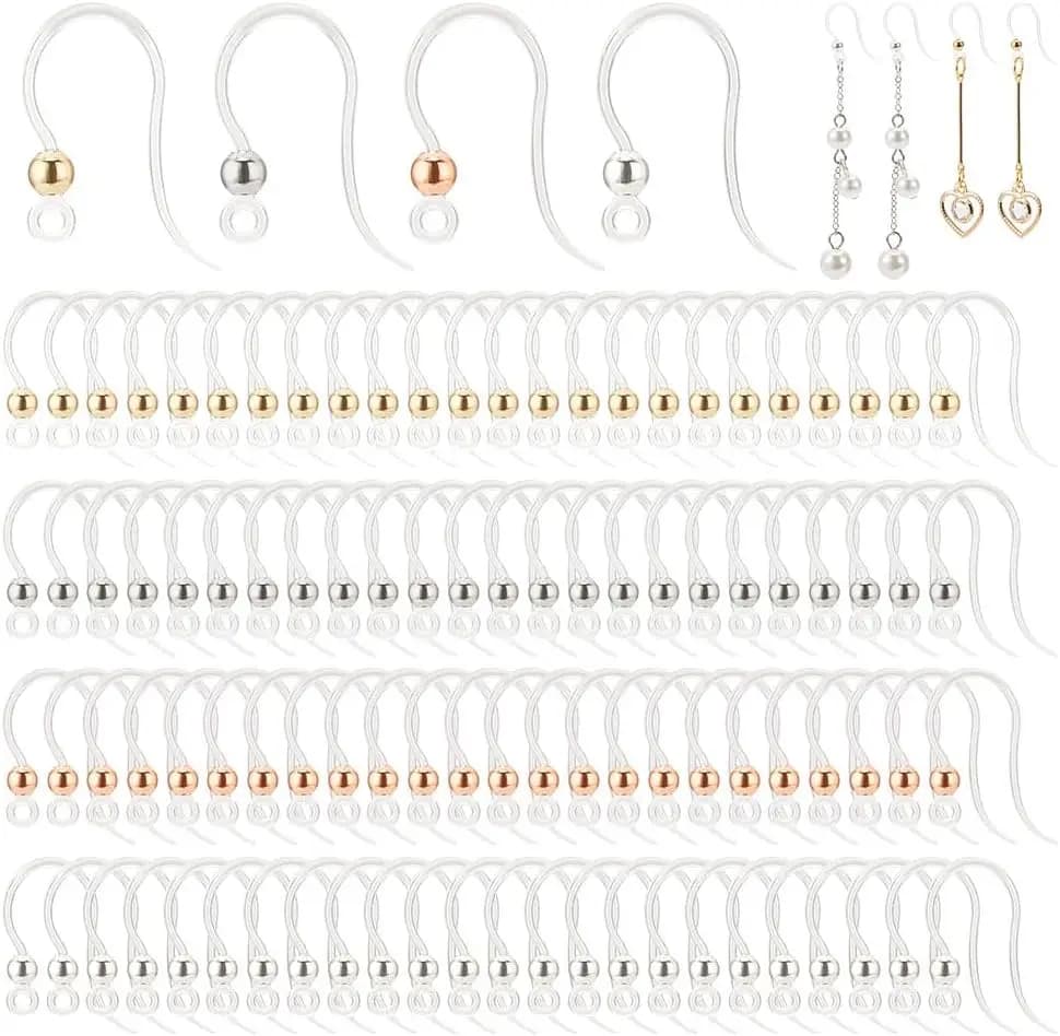 304 Stainless Steel Earring Hooks with Clear Plastic Beads, 4 Colors, Non-Allergenic for DIY Jewelry Making