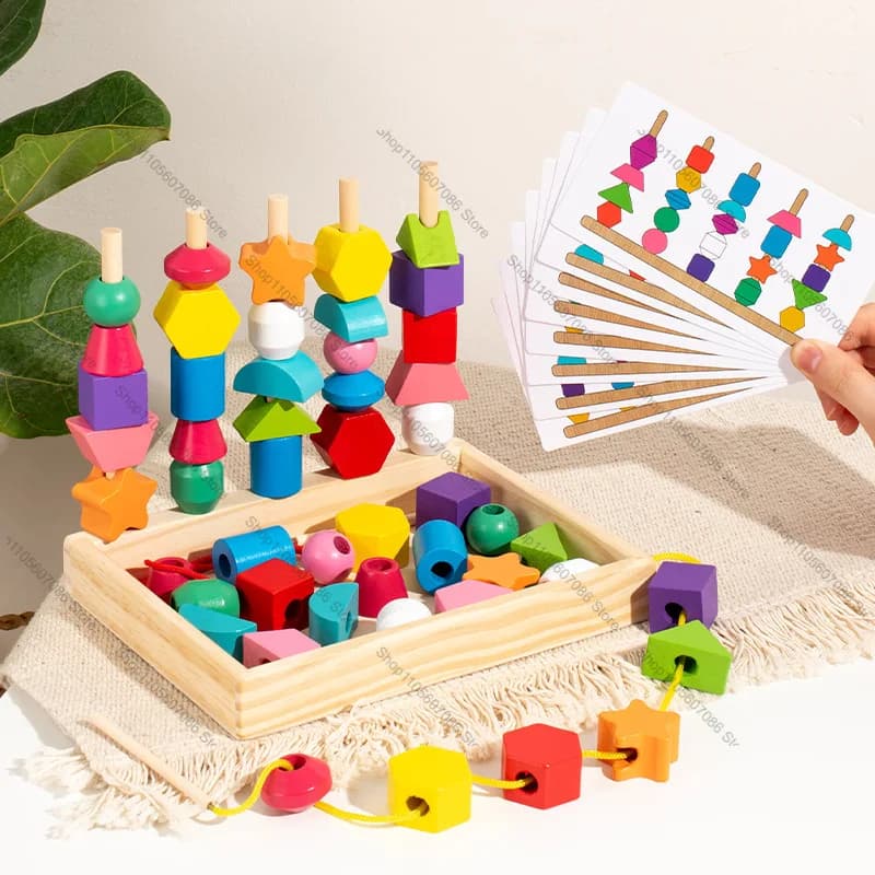 Sets of Column Beaded Boxes for Children's Early Education Color Shape Cognition Wooden Toys