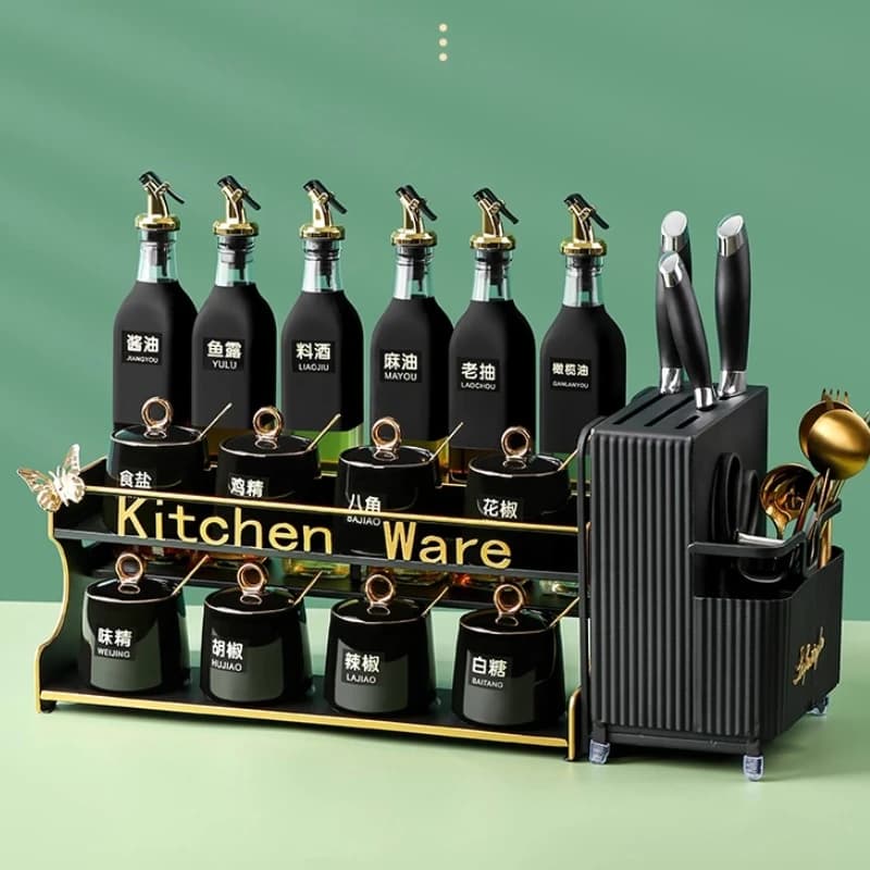 ‌ Set di barattoli per spezie premium, contenitori ermetici per olio e sale, organizer moderno per scaffali da cucina, griglia per condimenti multiuso ‌