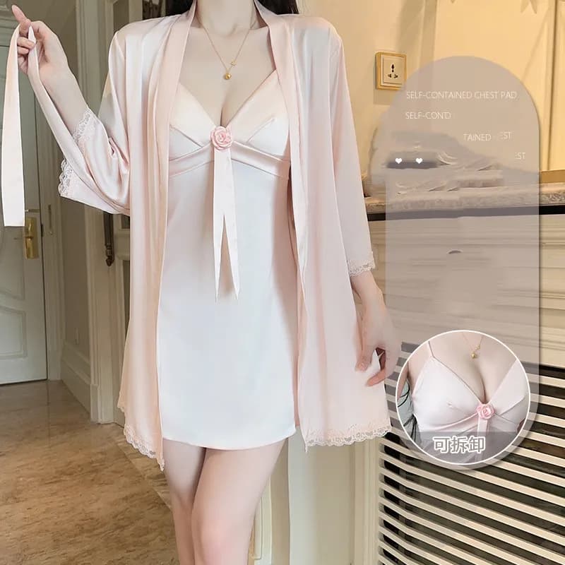 Set da notte e vestaglia femminile sexy Primavera Estate Kimono Accappatoio Applique Camicia da notte Indumenti da notte Set da due pezzi Abito da casa in raso allentato