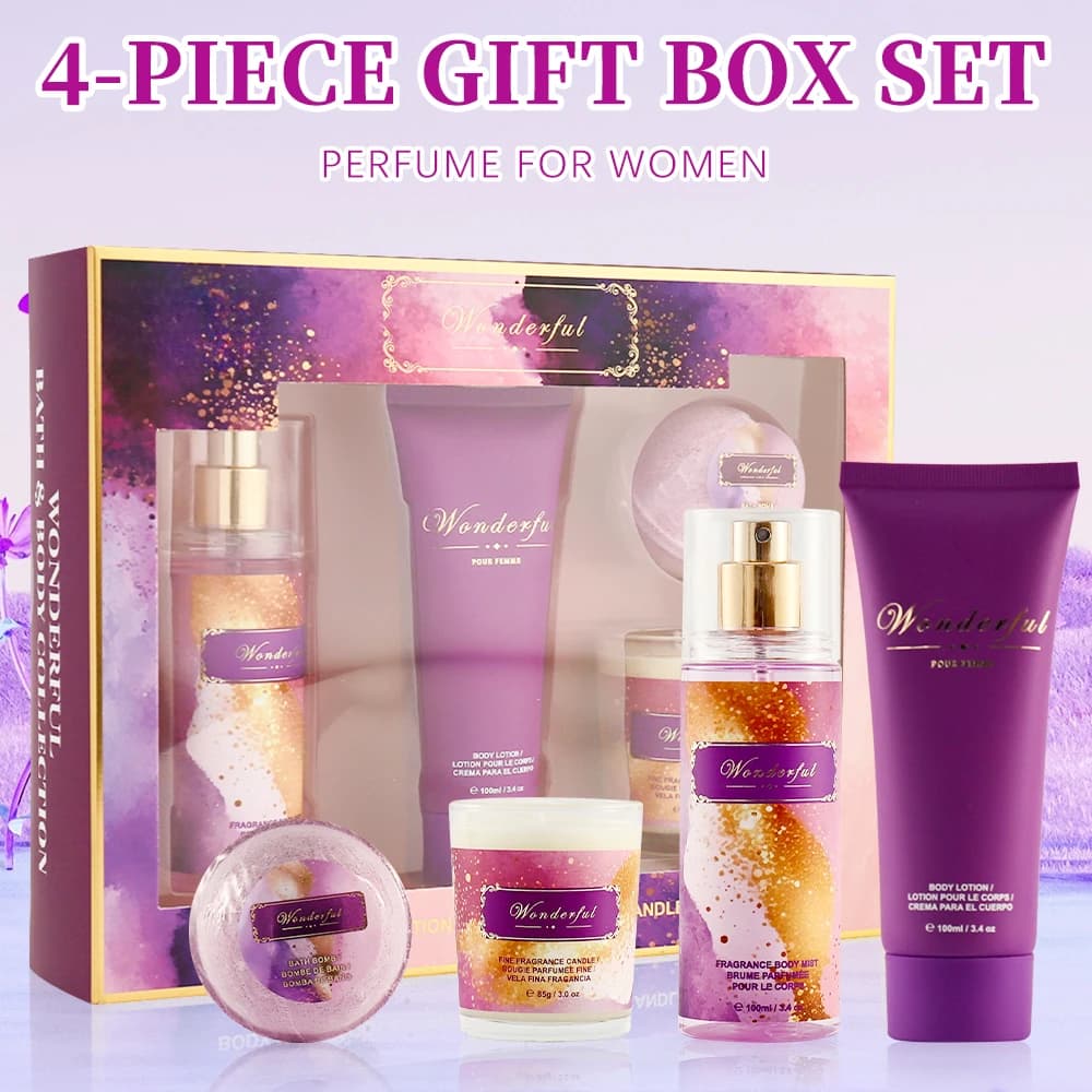 Women's fragrance set 3.4fl.oz Body Mist, 3.4fl.oz body lotion, 3 ounces candle and 2 ounces bath bomb 4 wonderful gift pieces for women