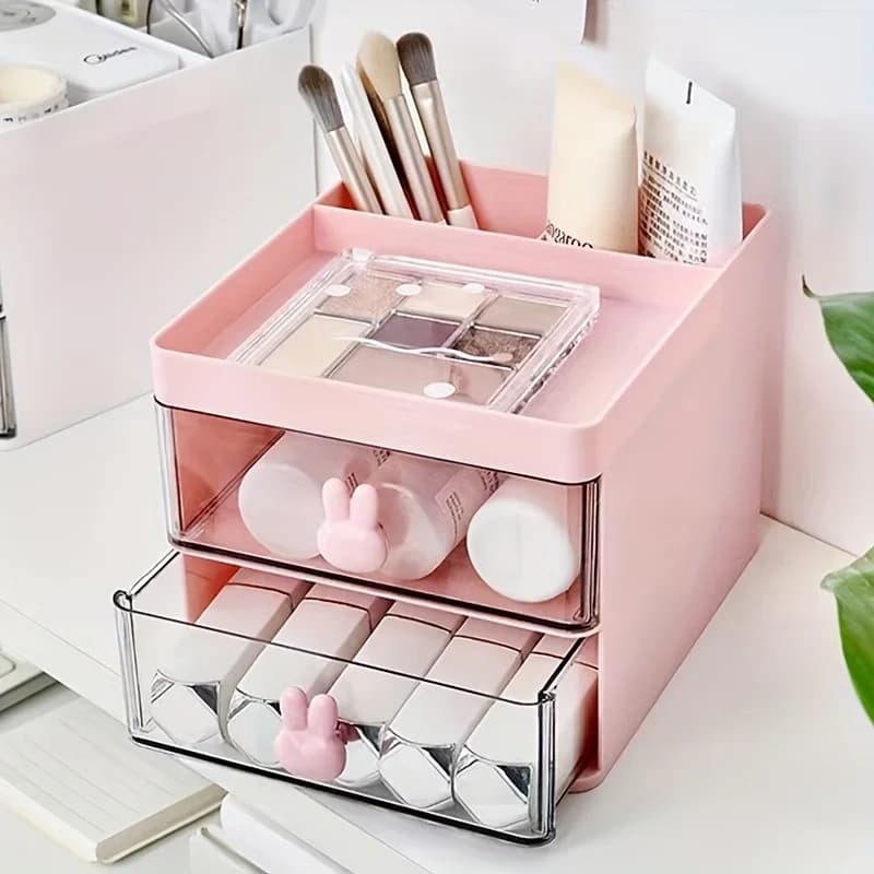 Box with rabbit handle with 1 piece transparent drawer, desk office stationery, cosmetics, eyebrow pencil brush, glasses, jewelry