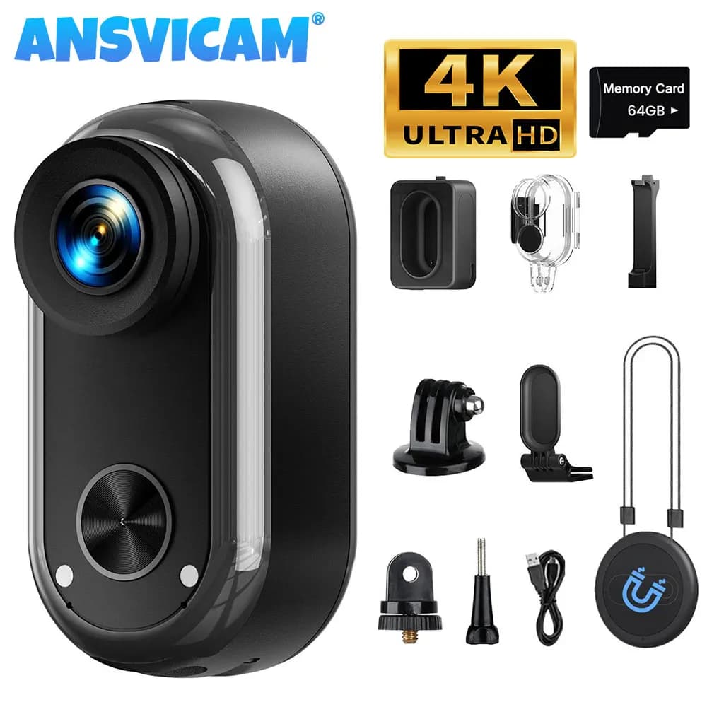ANSVICAM 4K HD Mini Action Camera WiFi con Stabilizzazione a 6 Assi, Videocamera POV per Vlog con Custodia di Ricarica, Bodycam Magnetica Impermeabile a Forma di Pollice