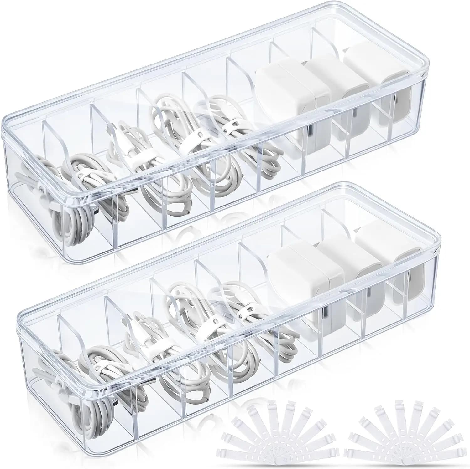 2 Pack Cable Organizer Box with Wire Ties, Clear Plastic Cord Storage for Home Office Desk, Removable Dividers