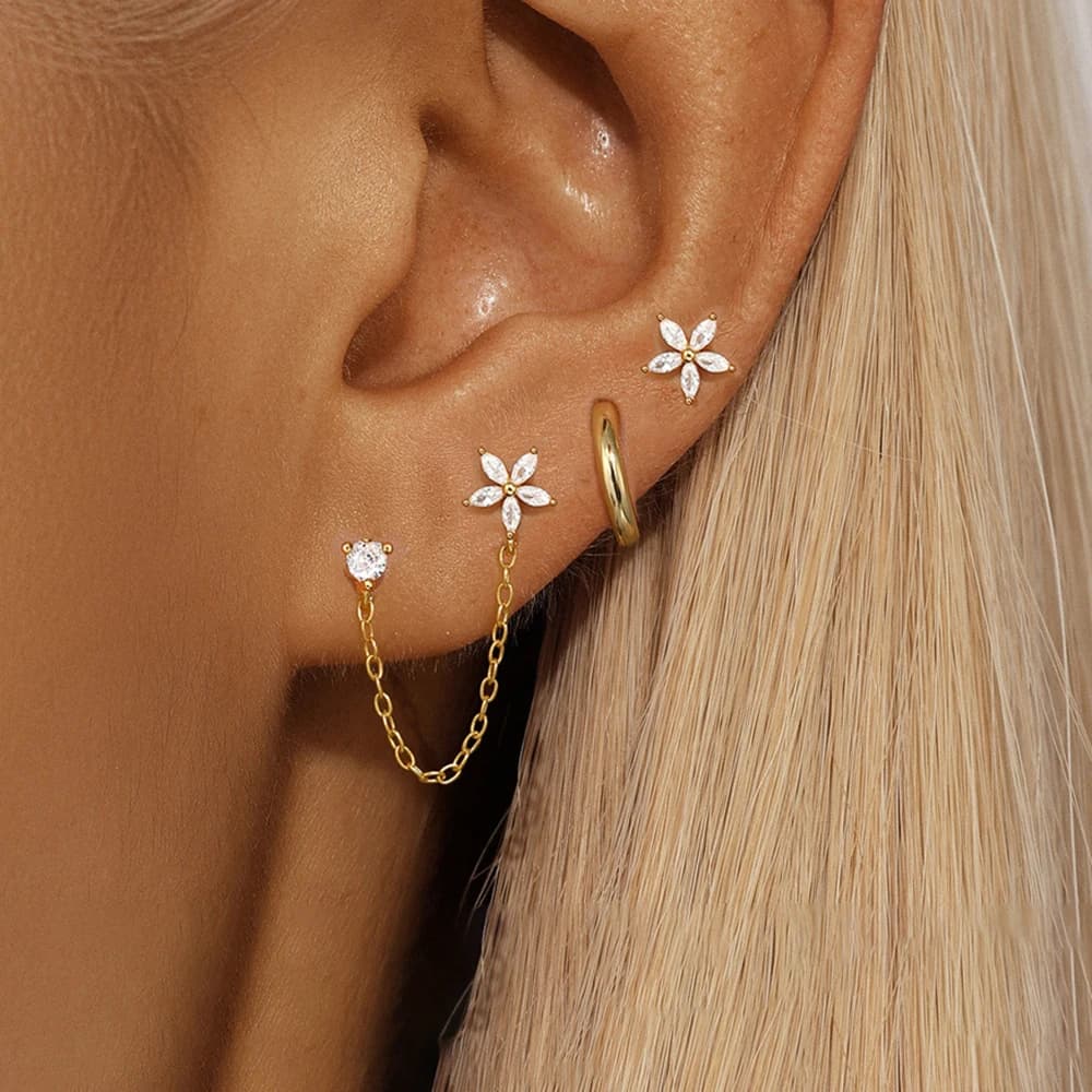3 pieces stainless steel zircone flower star button earrings set 14 carat gold plated chain cartilage penetrating women's jewelry