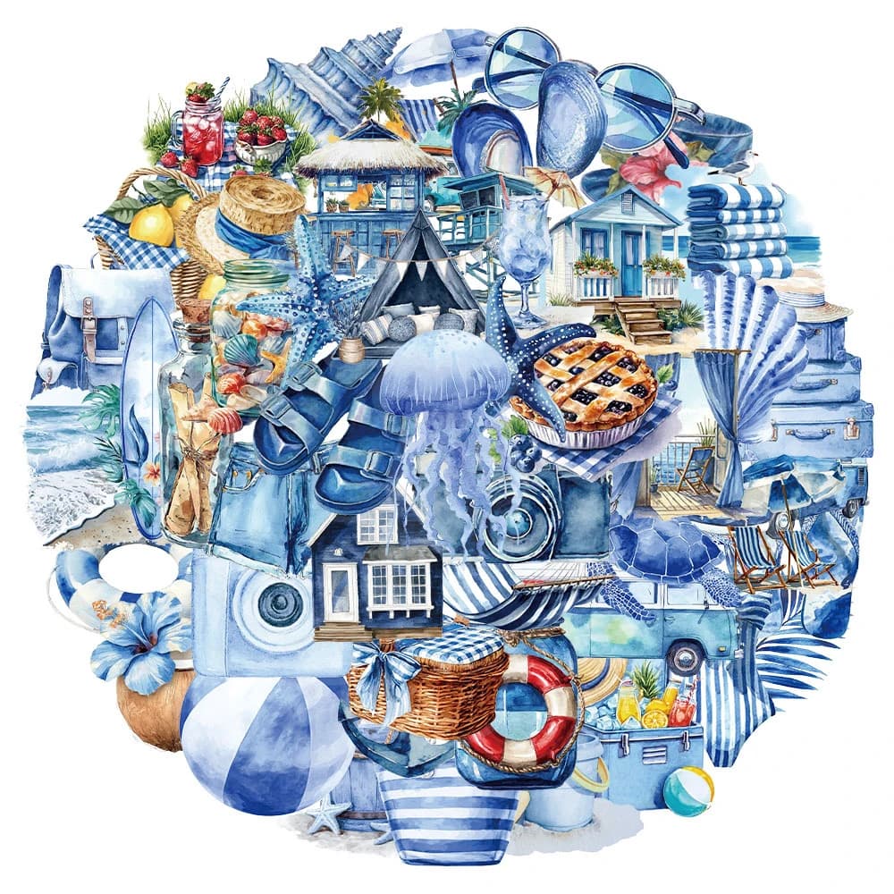 10/30/50pcs Cute Blue Summer Beach Aesthetic Stickers Cartoon Decoration Sticker DIY Scrapbook Phone Waterproof PET Decals Packs