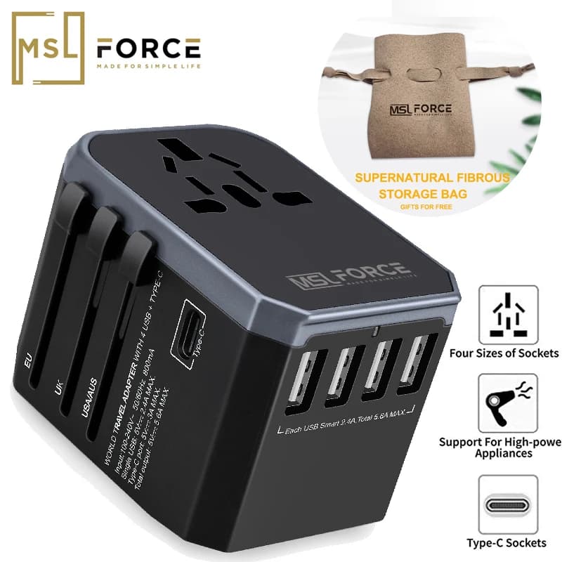 Universal Travel Adapter MSL an international wall charger with intelligent 5.6A 3.0A USB Type-C power supply for US EU UK