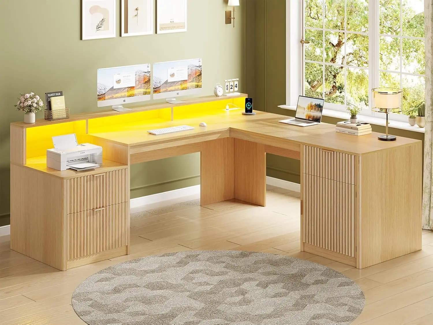 66" L Shaped Desk with Drawers File Cabinet Printer Shelf Monitor Stand Power Outlets LED Lights Oak, Customized