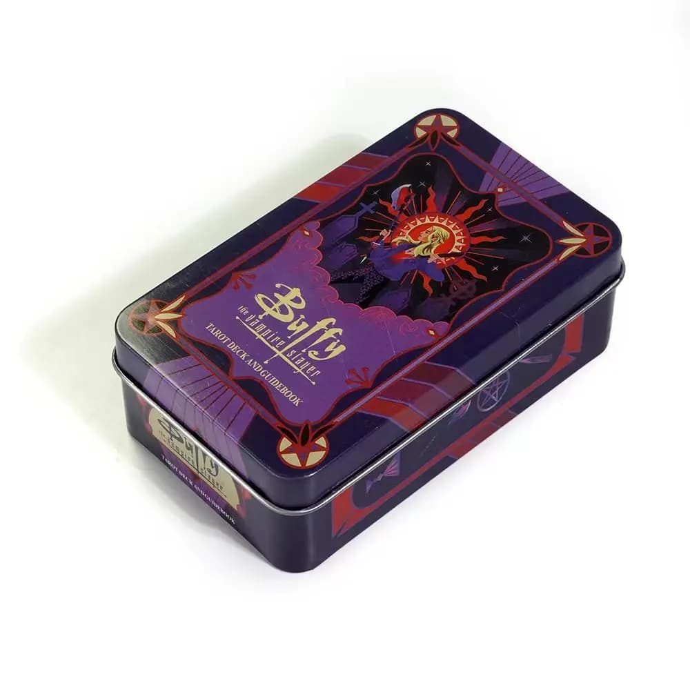 10.3*6cm Buffy The Vampire Slayer mazzo di tarocchi In una scatola di latta con bordi dorati rossi 78 pezzi di tarocchi A tema cartone animato con guida