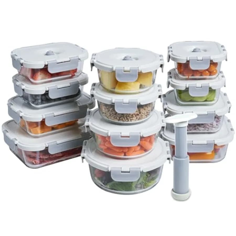 Contenitori in vetro per alimenti con sigillo sottovuoto e pompa manuale, set da 25 pezzi, contenitori ermetici per dispensa e cucina con coperchi, per la conservazione dei pasti.