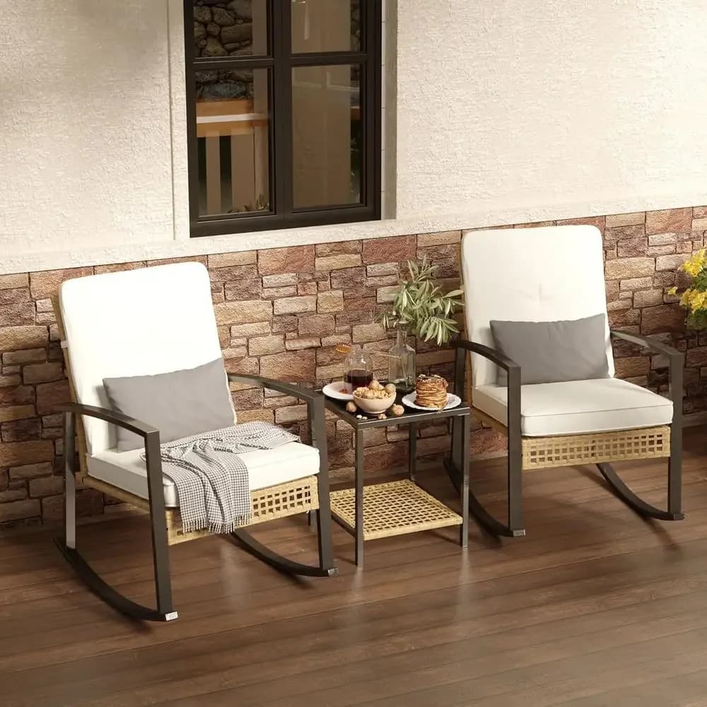 3-Piece Outdoor Rocking Chair Set with Glass Top Table and Cushions for Patio or Garden