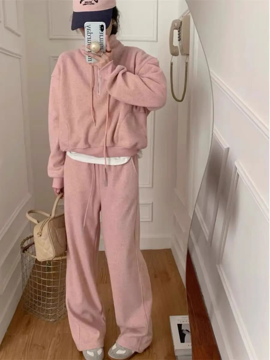 Casual Loose Fit Hoodie And Pants Set with Half Zip up Design Gentle Lazy Style Spring Autumn New Arrival Two Piece Set